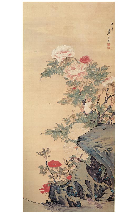 長沢芦雪筆：絹本着色「牡丹雀図」。県指定文化財